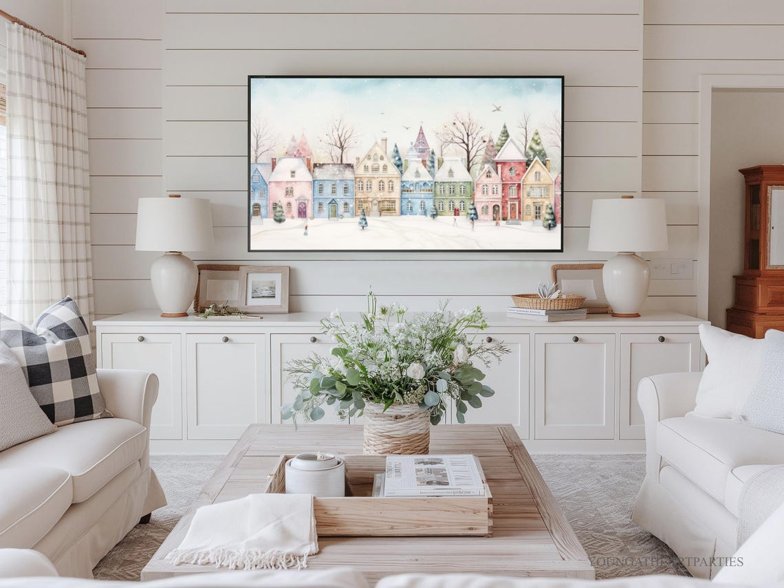 Christmas Frame Tv Art Cozy Pastel Christmas Village Homes Christmas Art Oil Painting Snowy Small Town Street Holiday Wall Decor Xmas - Image 3
