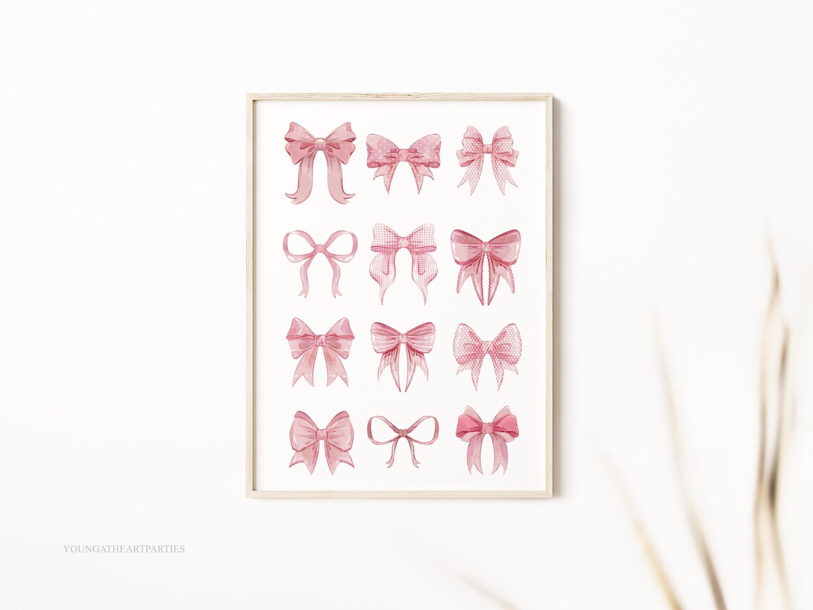 Trendy Pink Bows Watercolor Coquette Collage Girls Room Wall Art - Image 2