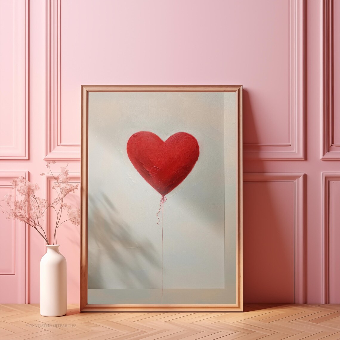 Red Heart Balloon Minimalist Love Art Soft Gray Modern Wall Print - Image 3