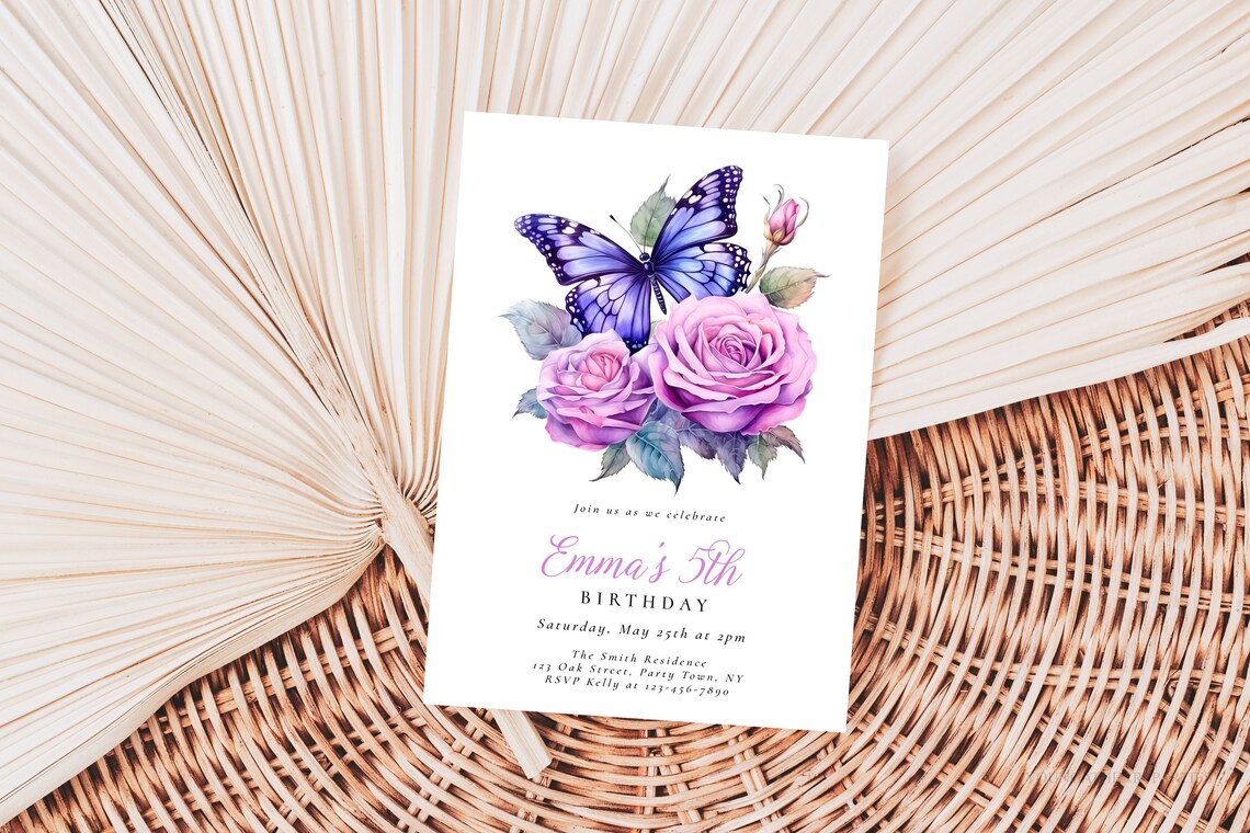Purple Butterfly Birthday Invitation Watercolor Rose Party Print - Image 4