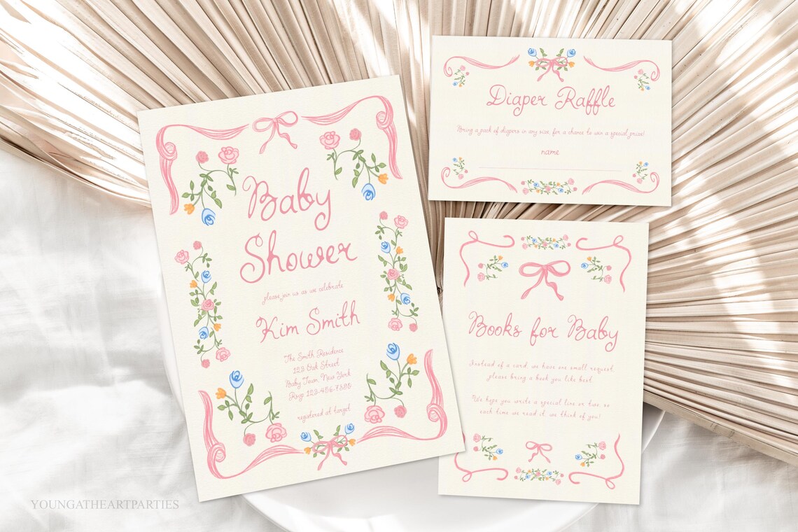 Pink Ribbon Floral Baby Shower Invitation Suite Game Card Poster