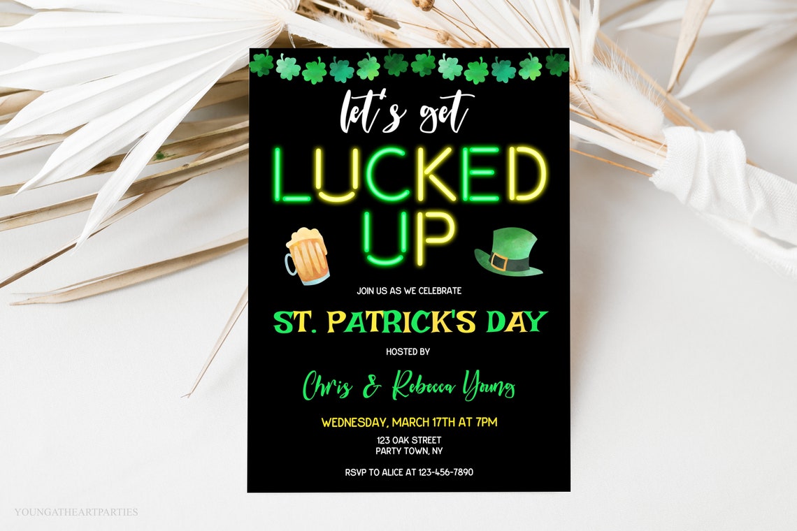 Neon Lets Get Lucked Up St Patricks Day Party Invitation Print