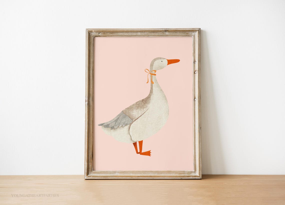 Watercolor Goose with Orange Bow on Blush Pink Nursery Wall Art - Image 5