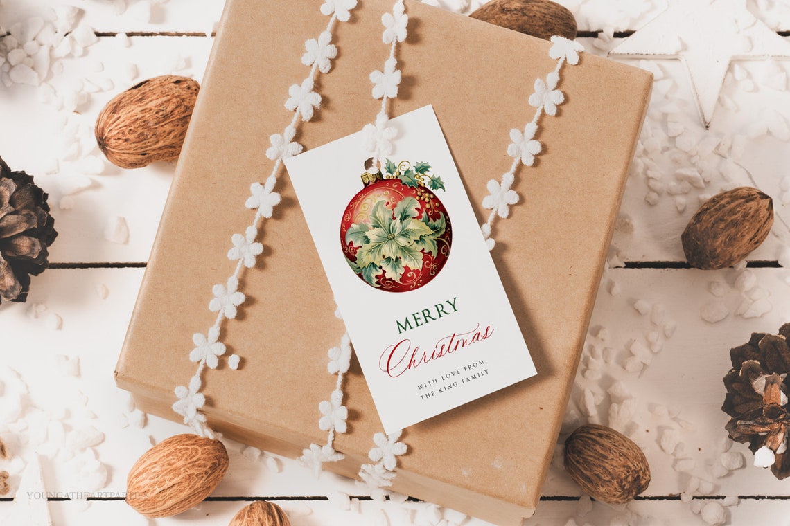 Retro Red Ornament Merry Christmas Gift Tag Vintage Holiday Print - Image 5
