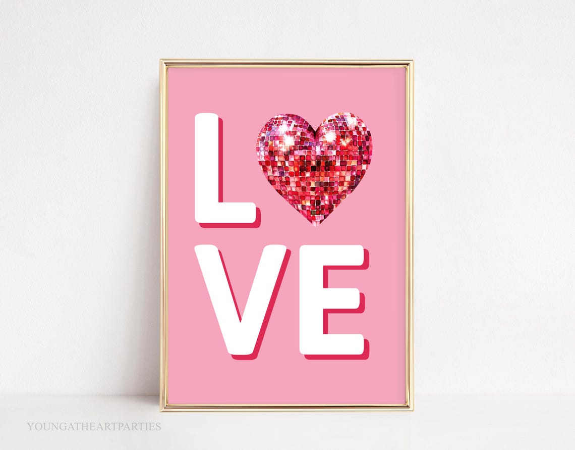 Pink Love Disco Ball Heart Typography Trendy Valentine Decor Poster