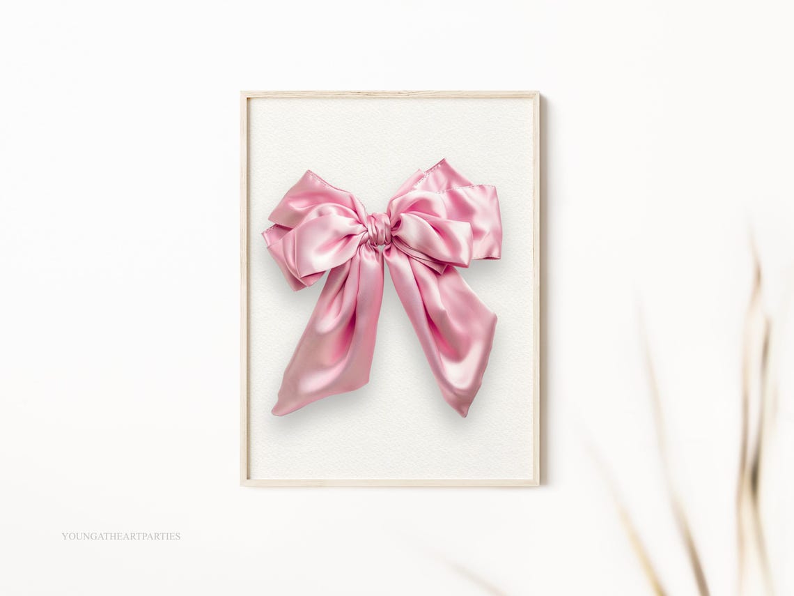 Charming Elegant Pink Satin Bow Coquette Girly Bedroom Wall Art - Image 3