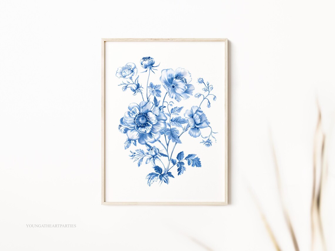 Elegant Blue and White Botanical Floral Watercolor Style Wall Art - Image 3
