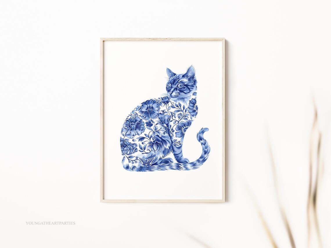Blue White Chinoiserie Floral Cat Silhouette Porcelain Style Art Print - Image 3