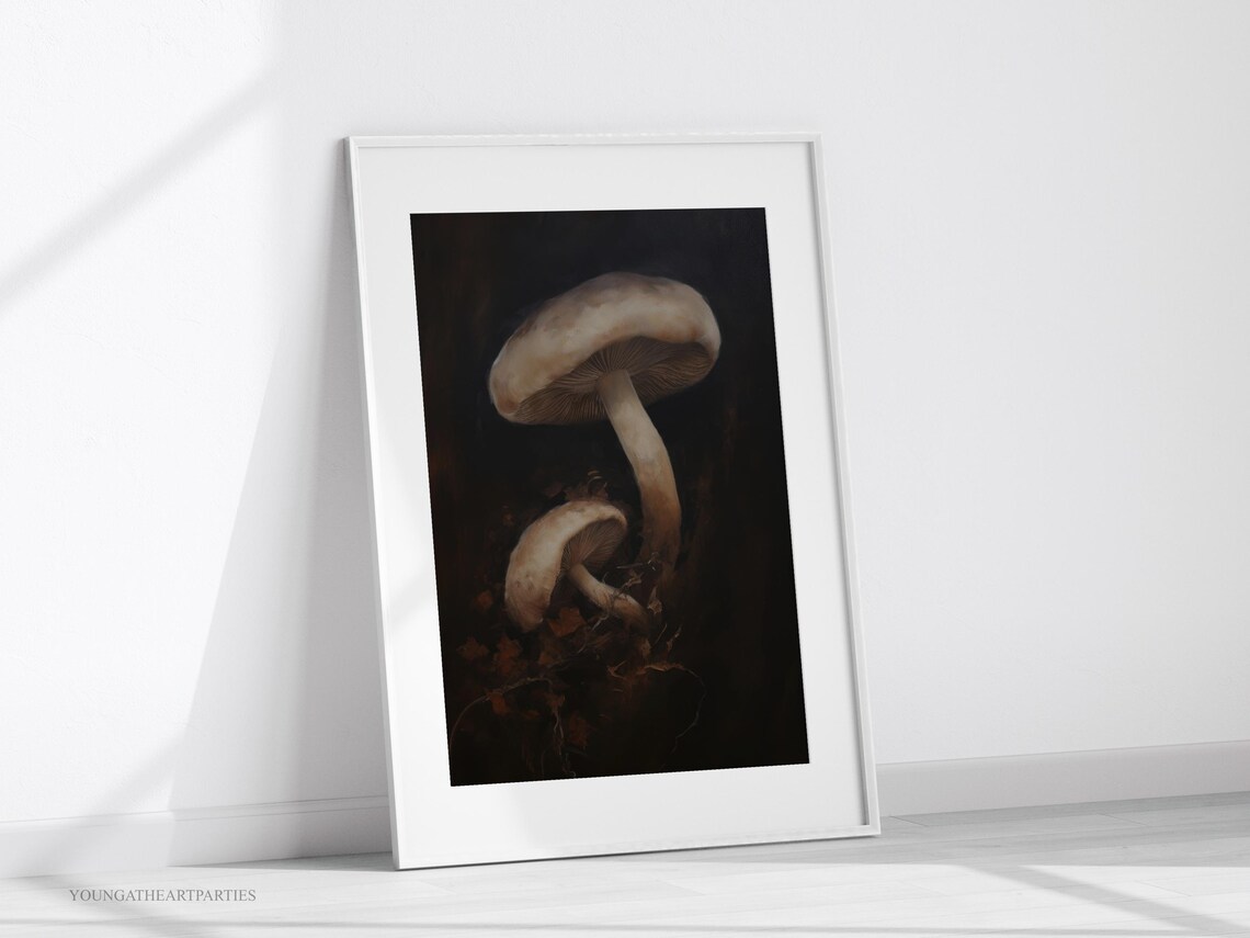 Vintage Moody Mushroom Oil Painting Dark Botanical Forest Wall Art - Image 3