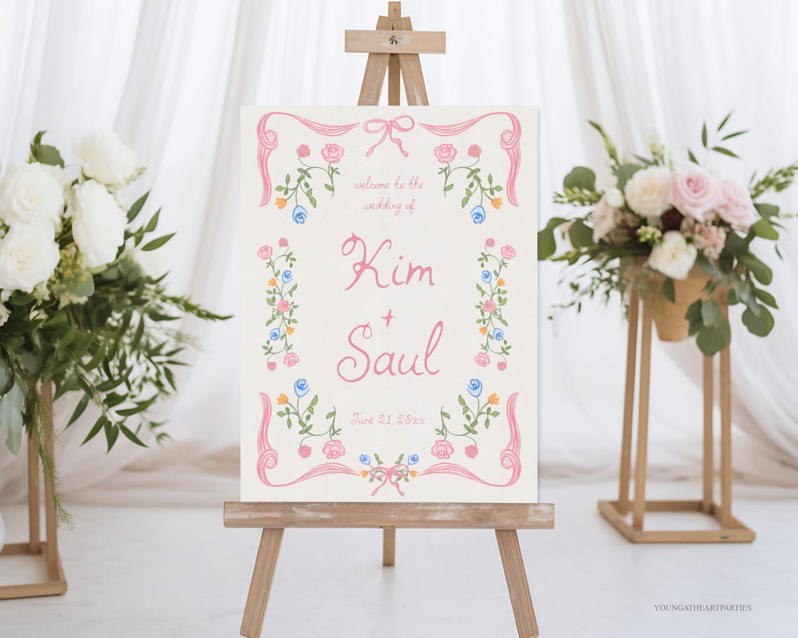 Whimsical Floral Wedding Welcome Sign Template Pink Garden Party Print