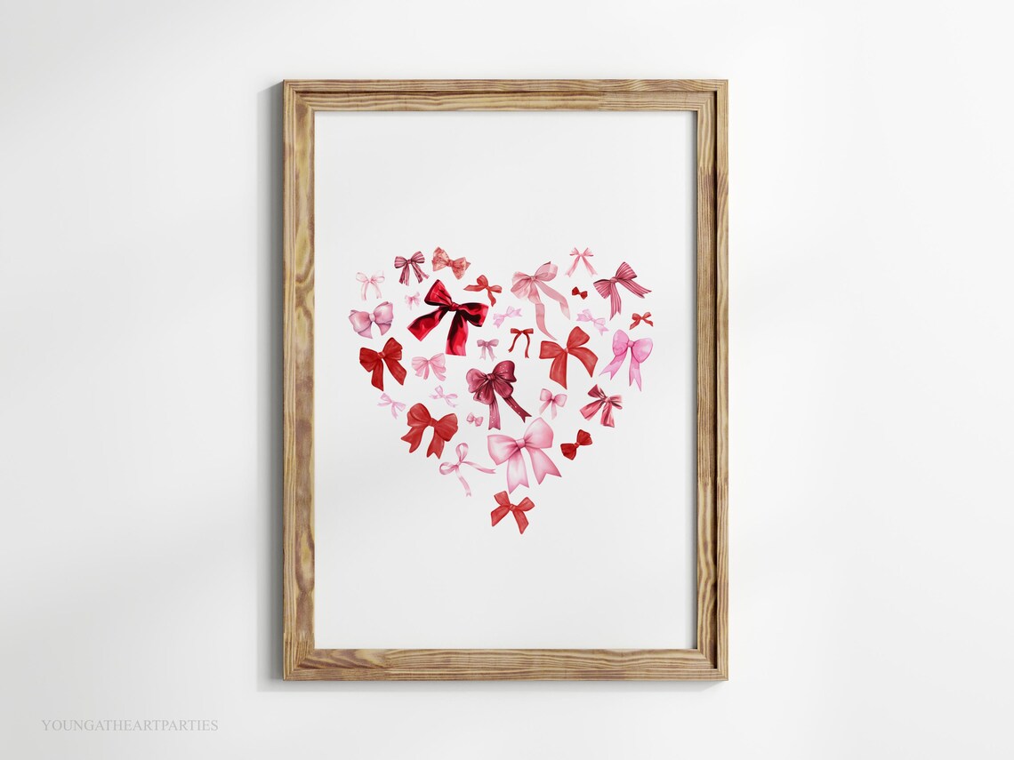 Sweet Watercolor Heart of Red and Pink Bows Valentines Wall Art - Image 5