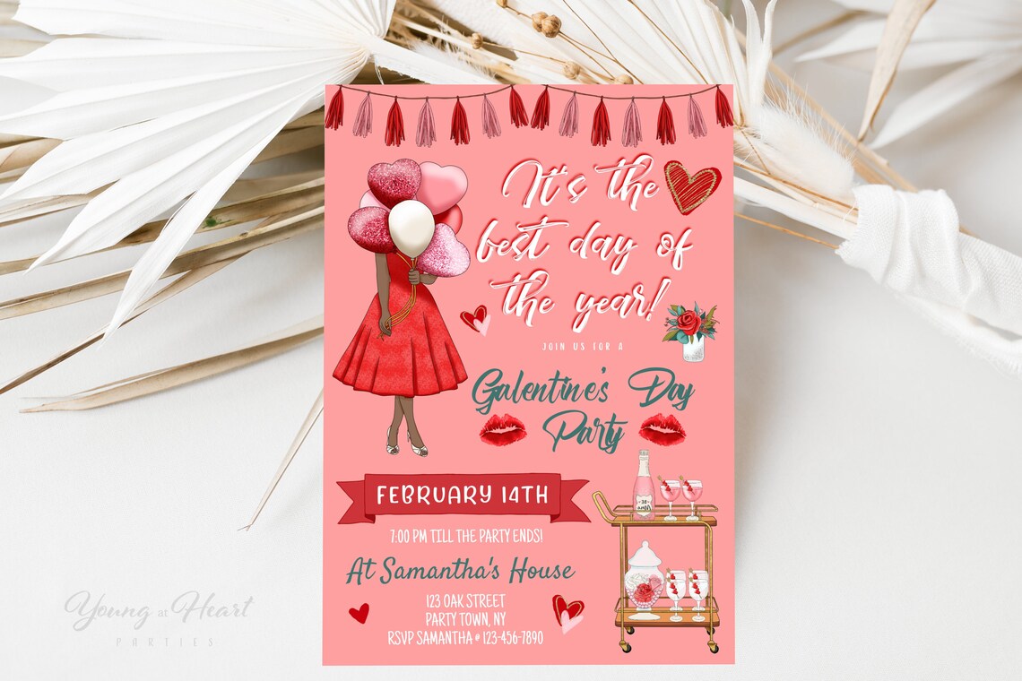 Galentine's Day Party Invitation Coral Red Dress Balloons Art Print