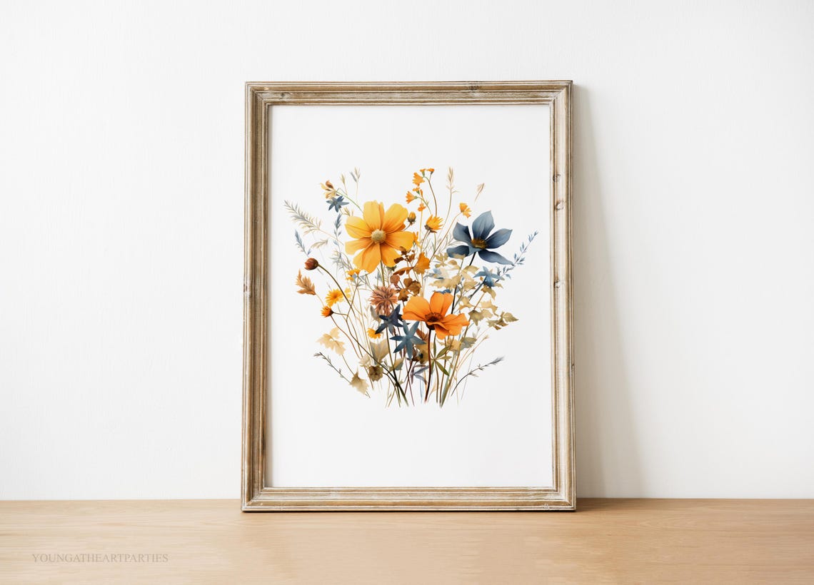 Blue Watercolor Fall Wildflower Botanical Autumn Boho Home Print