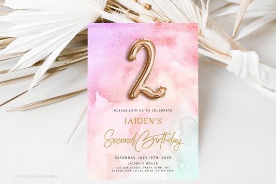 Rainbow Pastel 2nd Birthday Invitation Template Rainbow Sky Watercolor Second Birthday Invite Gold Foil Girls Second Birthday Invitation