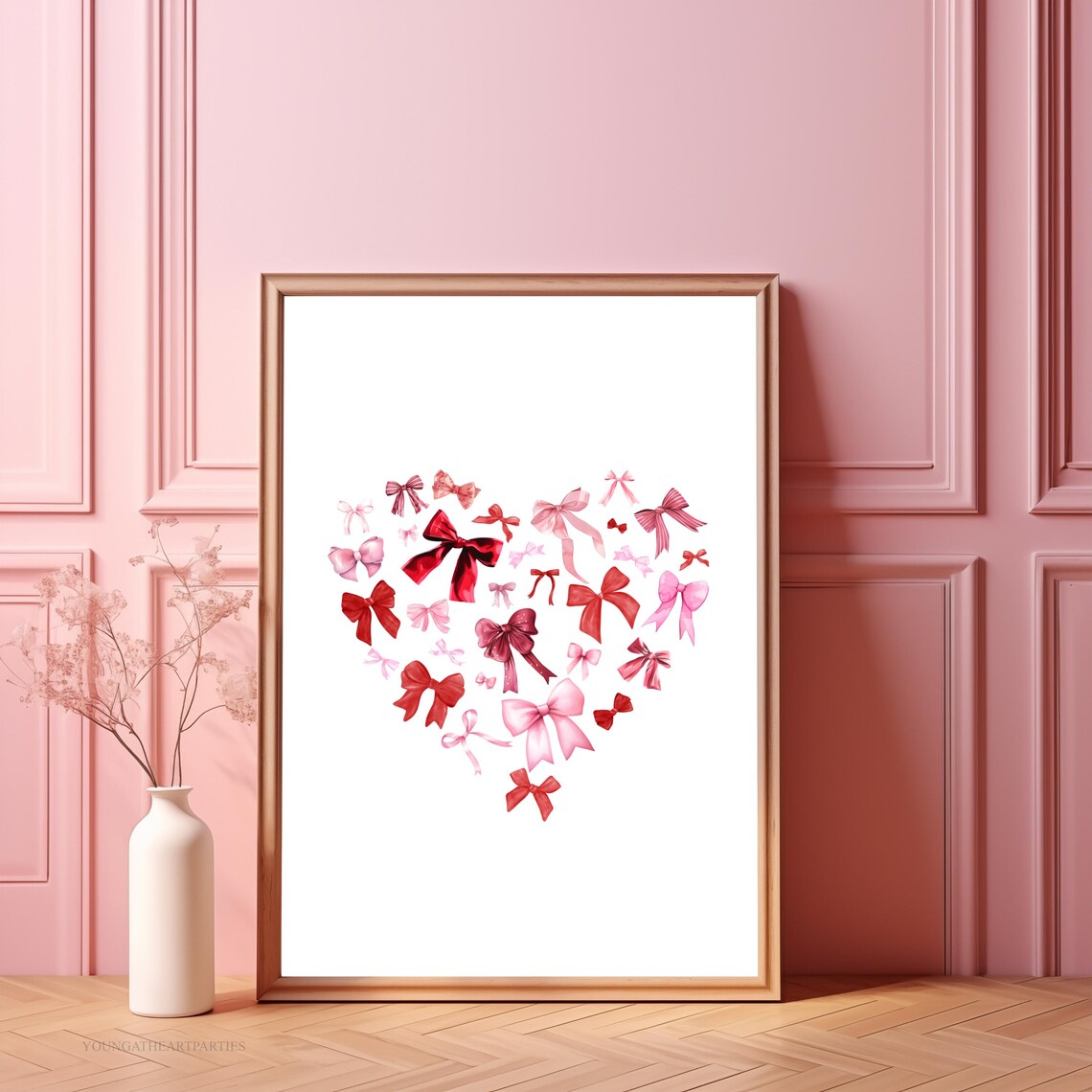 Sweet Watercolor Heart of Red and Pink Bows Valentines Wall Art - Image 3