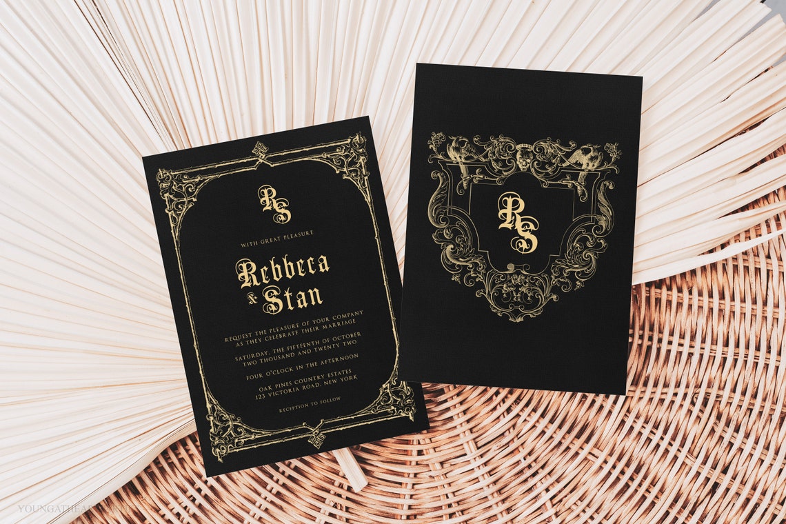 Rebeca and Stan Gothic Black Gold Wedding Invitation Suite Print - Image 5