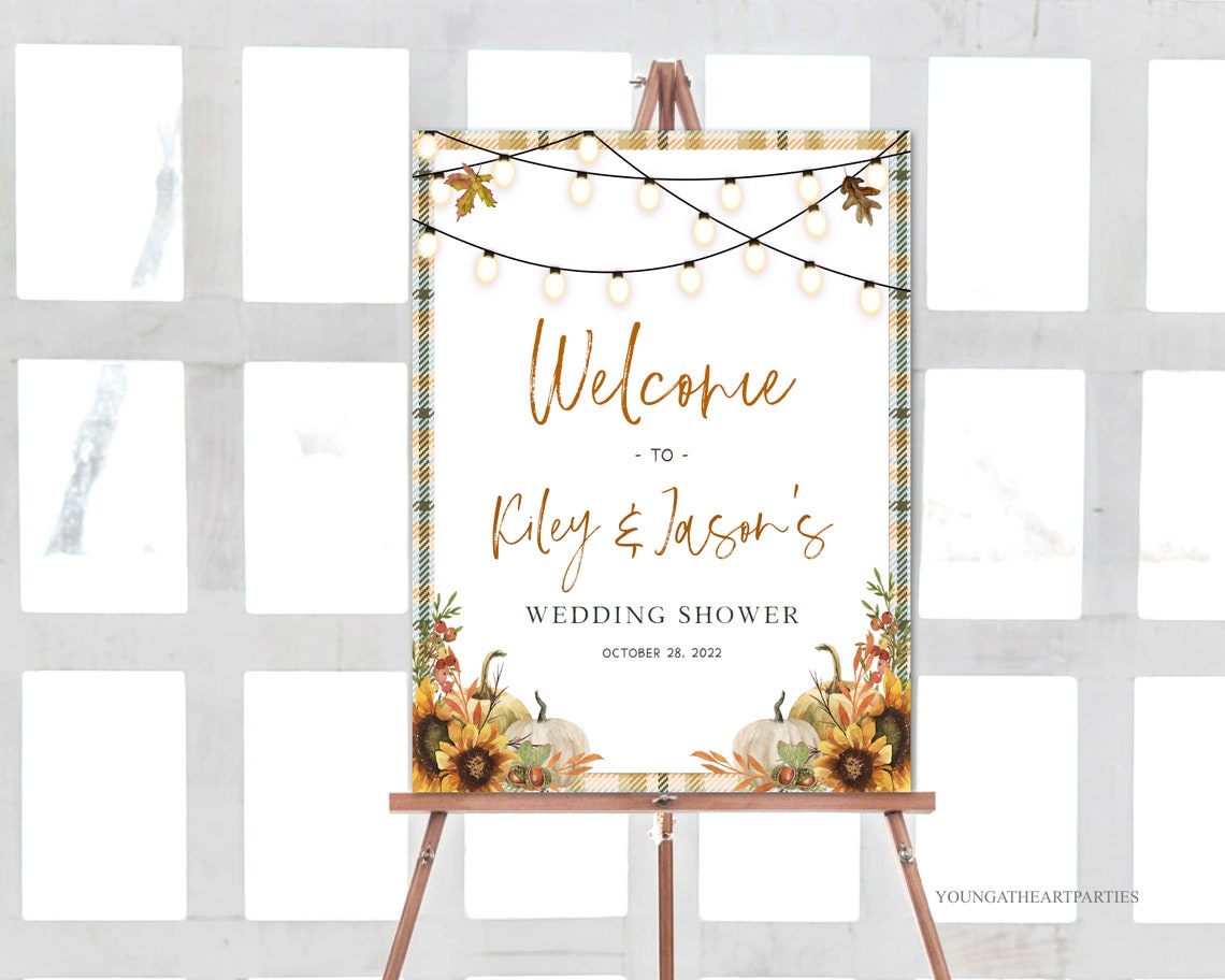 Fall Welcome Sign Wedding Shower String Lights Pumpkin Decor Print