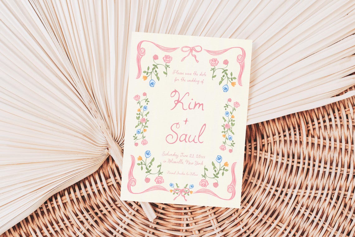 Kim and Saul Pink Floral Save the Date Wedding Invitation Print