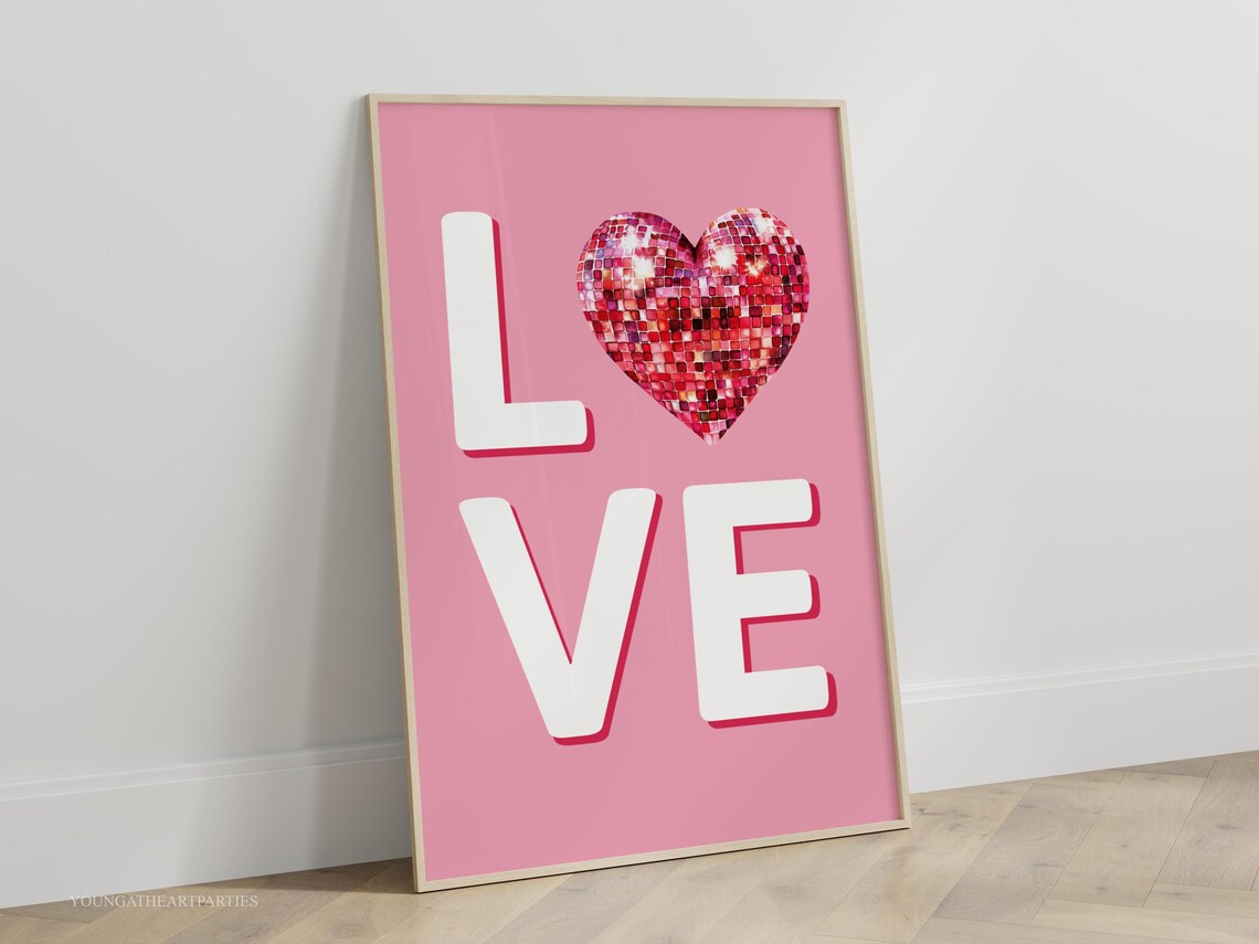 Pink Love Disco Ball Heart Typography Trendy Valentine Decor Poster - Image 4