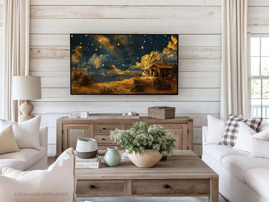 Golden Starry Night Nativity Scene Christmas Frame TV Wall Art - Image 4