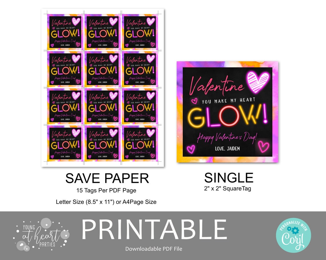 Valentine You Make My Heart Glow Neon Hearts Gift Tag Art Print - Image 2