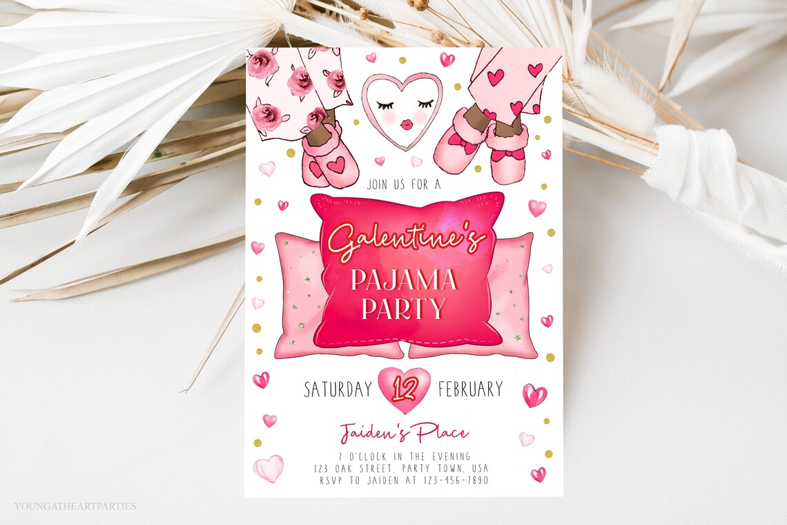 Galentine's Pajama Party Invitation Slippers Pillows Sleepover Print