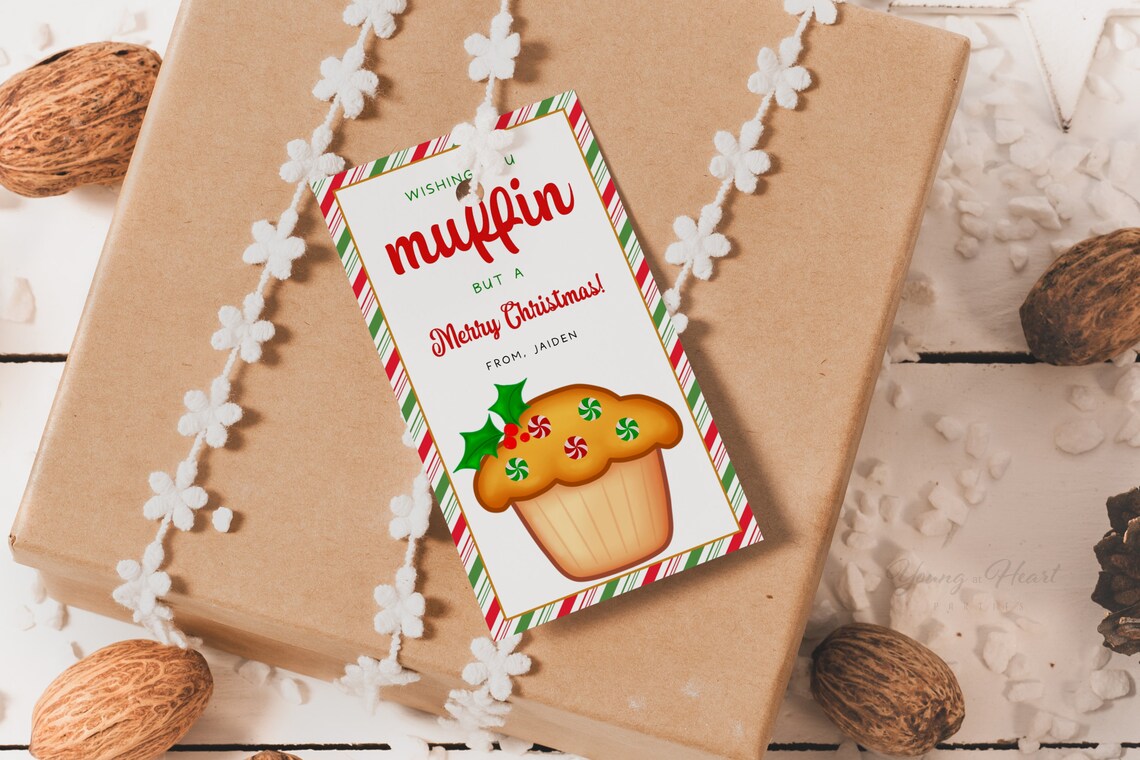 Wishing You Muffin But Merry Christmas Pun Gift Tag Editable Print