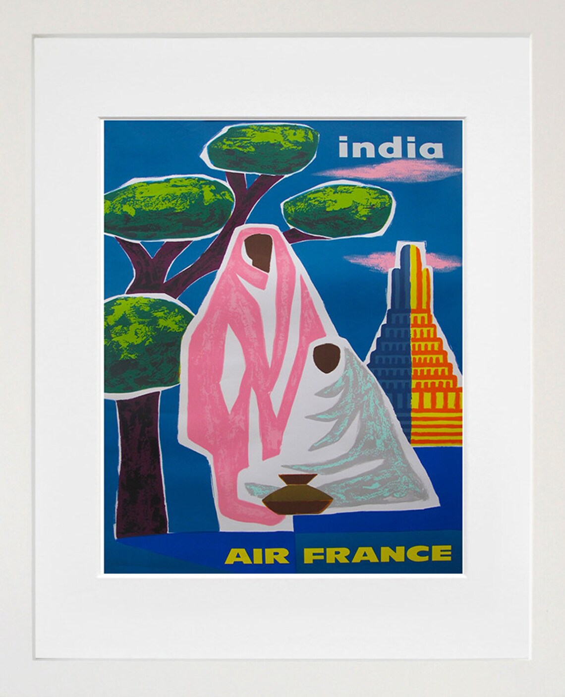 India Pink Sari Woman Temple Air France Vintage Travel Poster