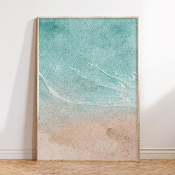 Aerial Turquoise Ocean Waves And Sandy Shore Coastal Watercolor Poster