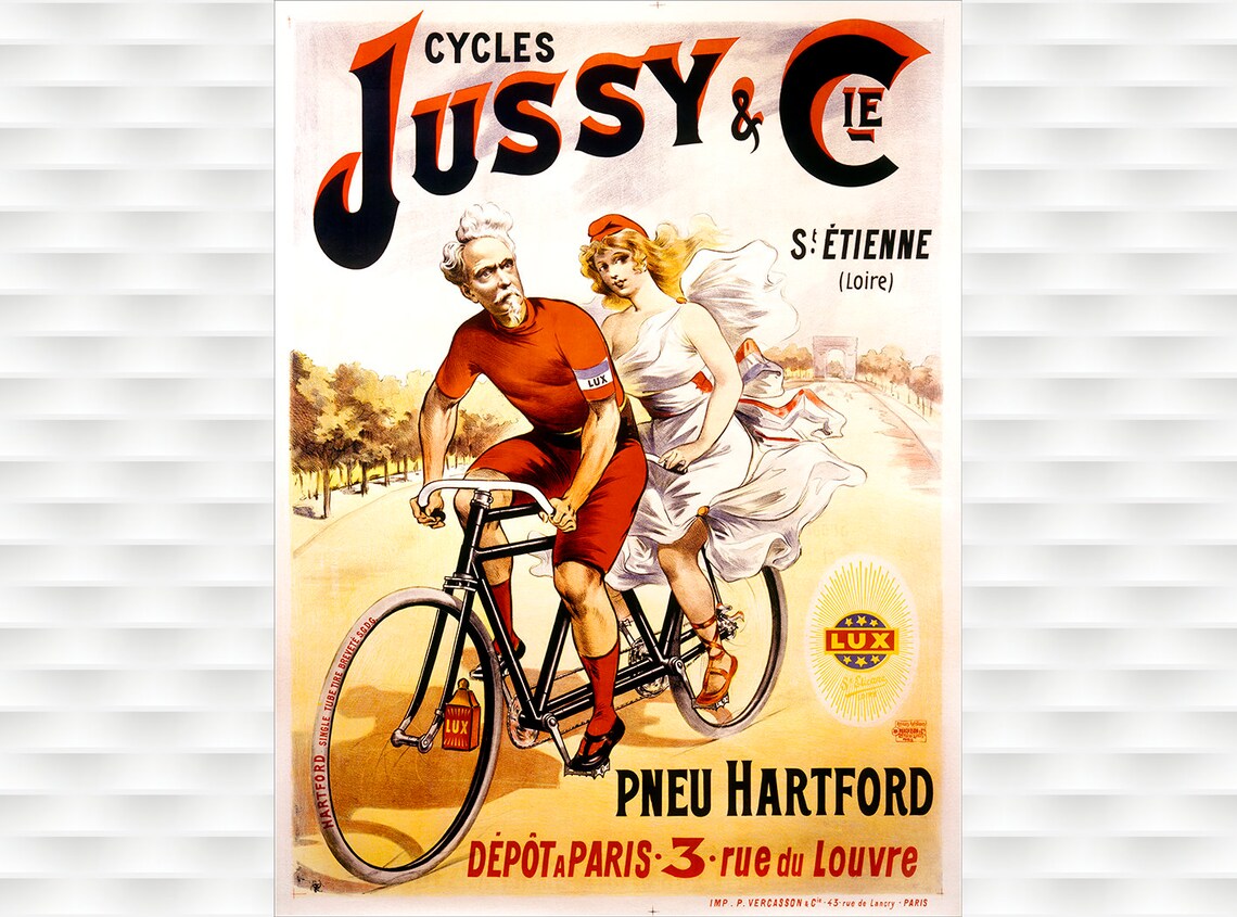 Jussy and Cie Cycles Hartford Tires Vintage French Bicycle Poster
