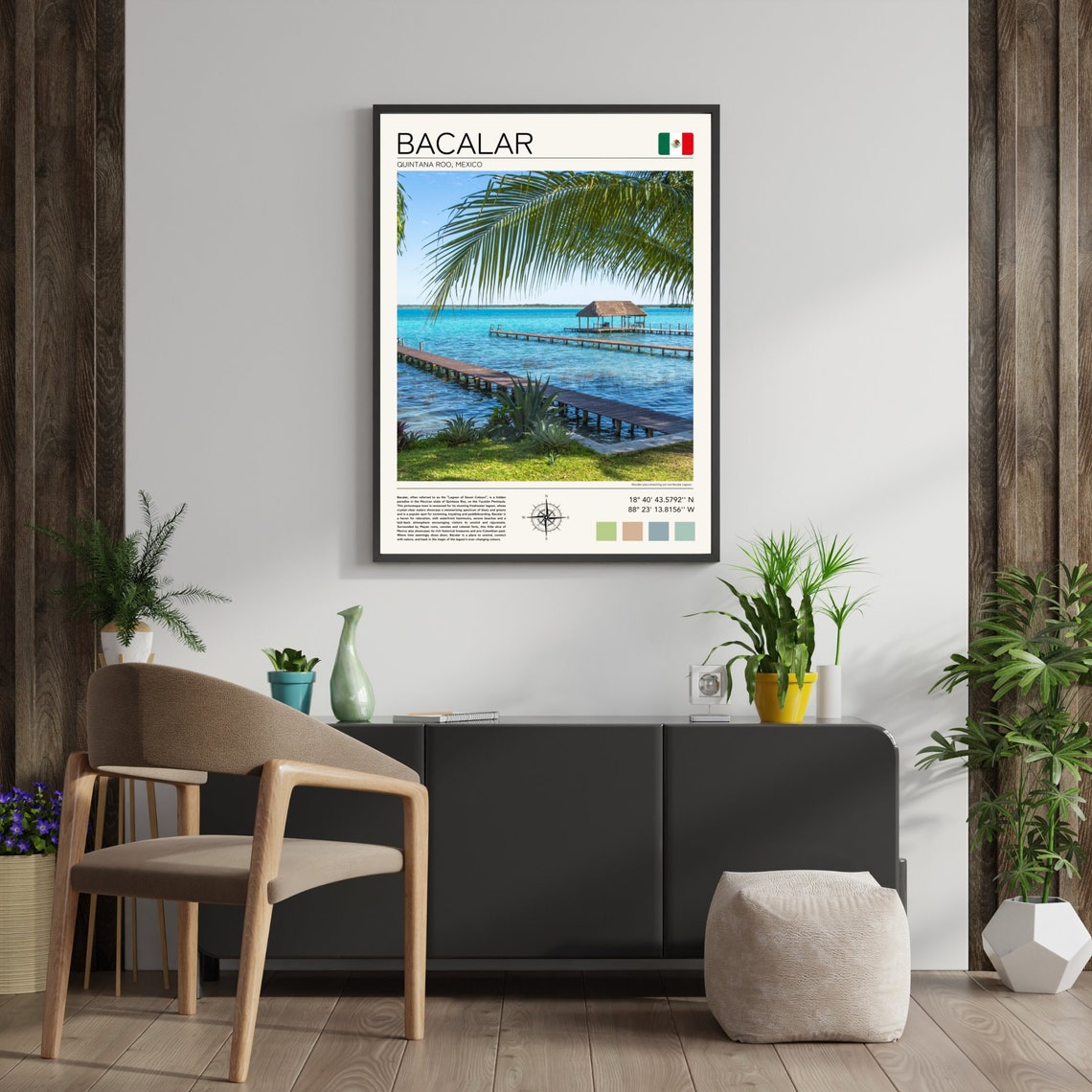 Bacalar Mexico Lagoon Seven Colors Wooden Pier Palm Tropical Poster - Image 2