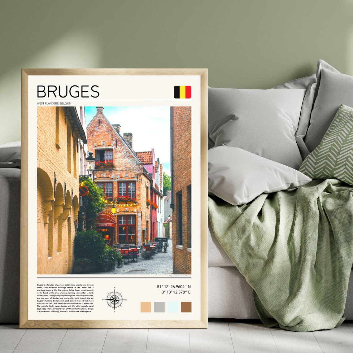 Bruges Belgium Brick Street Old Town Travel Poster With Flag Detail - Image 4