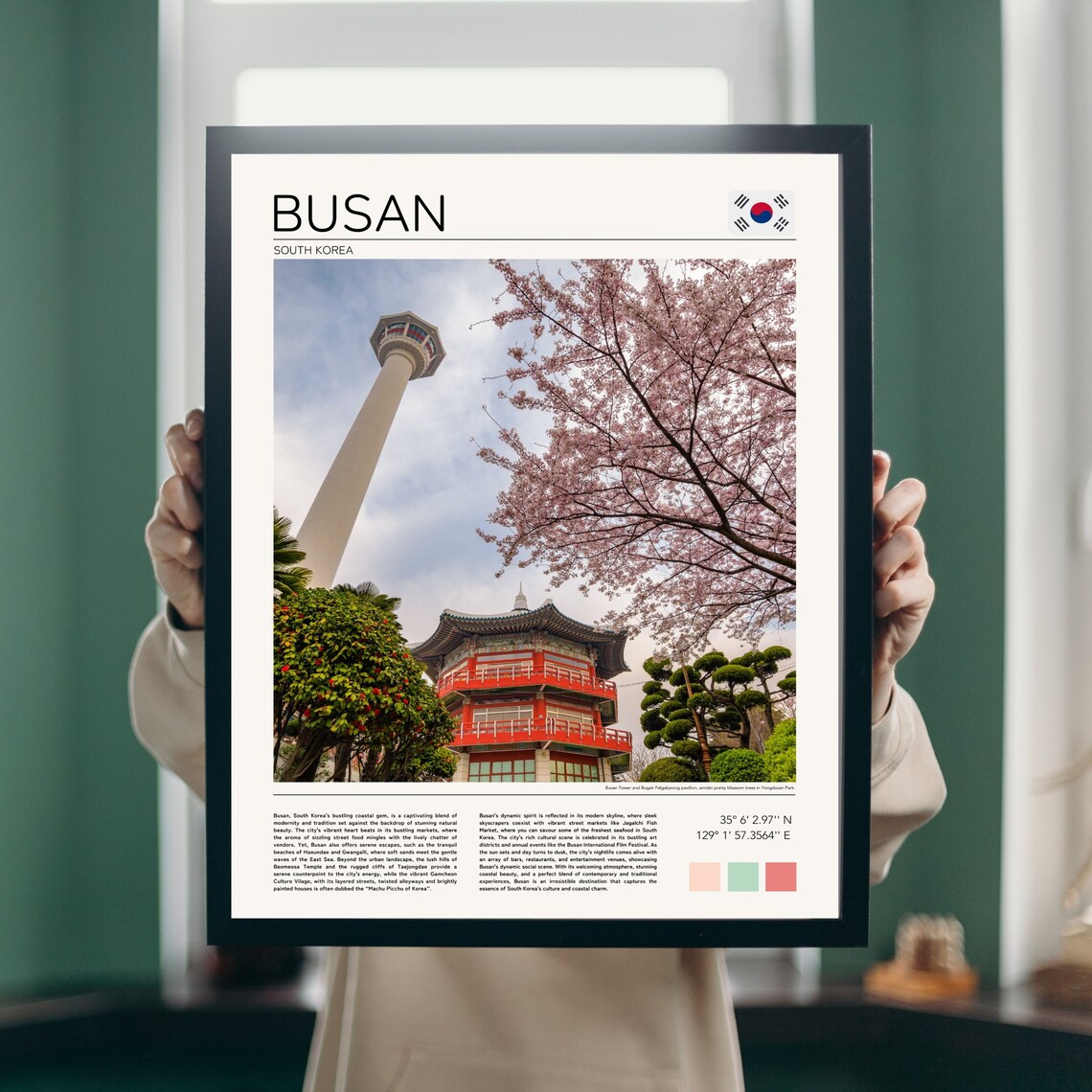Busan South Korea Cherry Blossom Tower Temple Minimalist Travel Poster - Image 2
