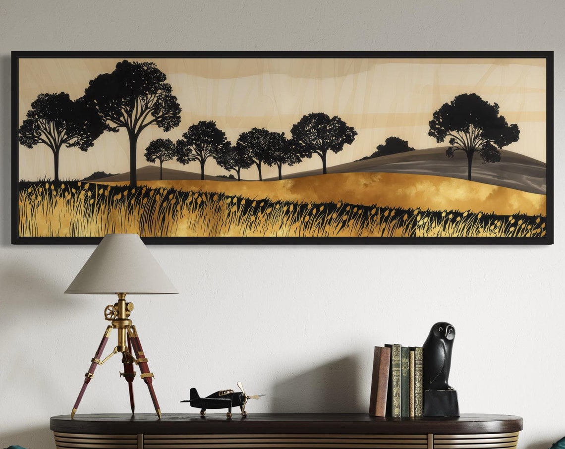 Rustic Gold Tree Silhouettes Black Modern Minimalist Landscape Print