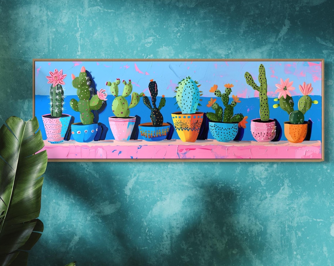Colorful Potted Cactus Plants Quirky Folk Botanical Succulent Wall Art