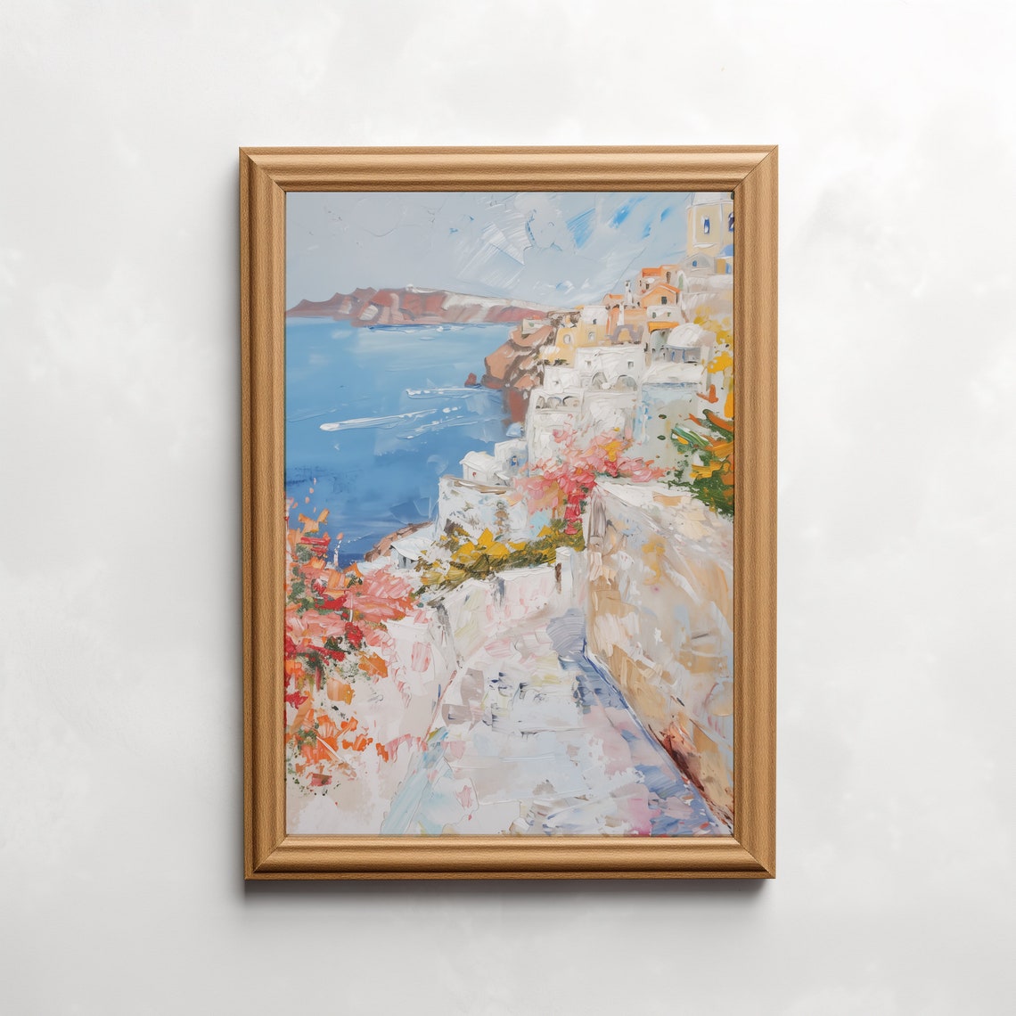 Santorini Greece Whitewashed Village Bougainvillea Painting Poster