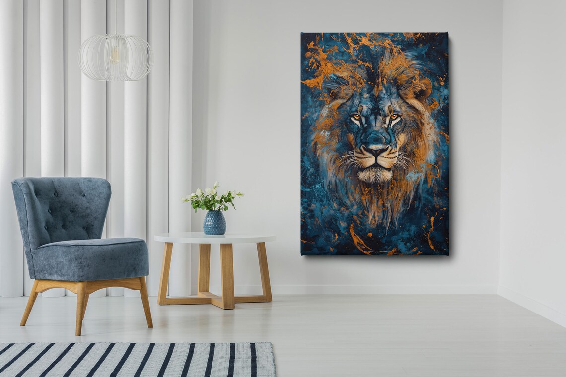 Majestic Abstract Lion Portrait Blue Orange Paint Splash Animal Poster - Image 2