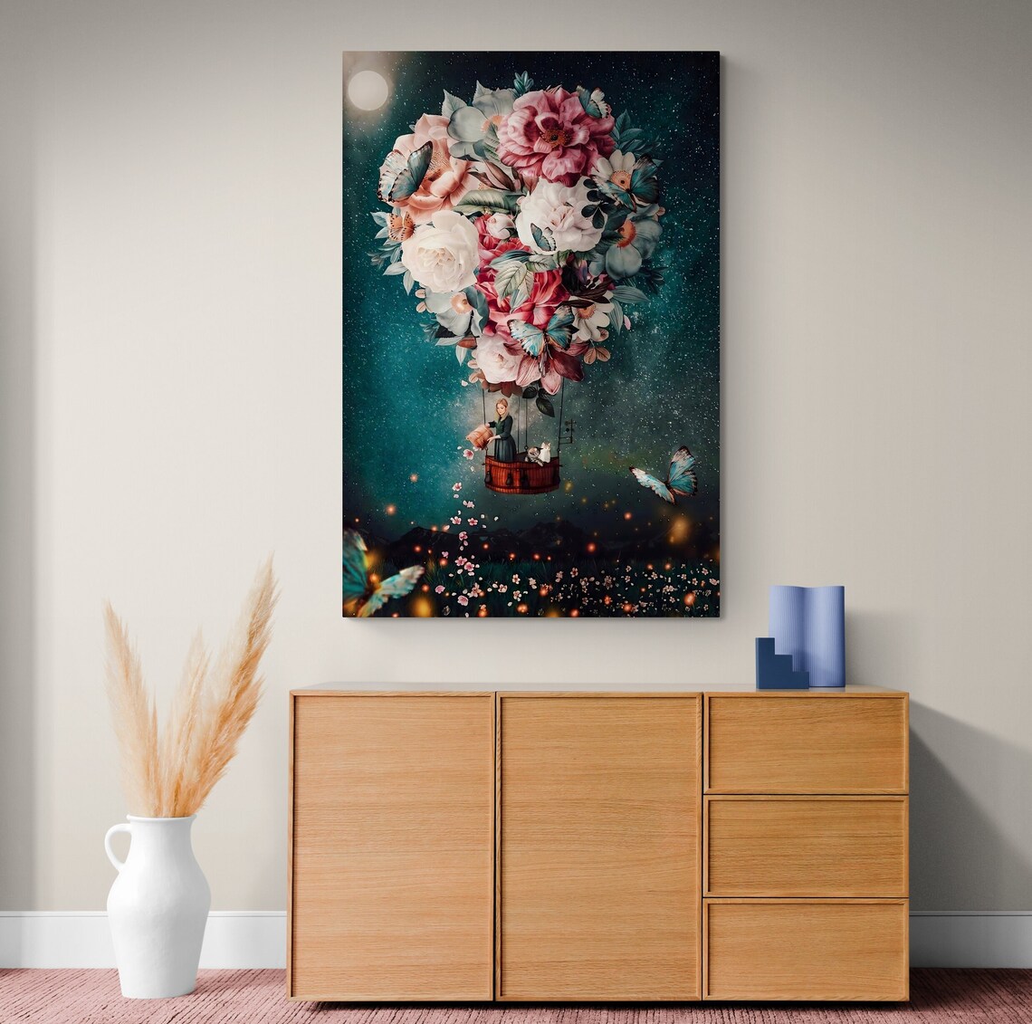 Floral Hot Air Balloon Surreal Flower Sky Dreamy Pastel Wall Art - Image 2