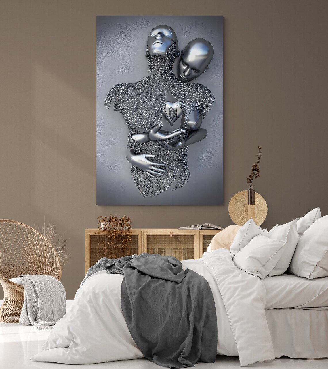 3D Hugging Couple Silver Heart Wall Art Print - Image 2