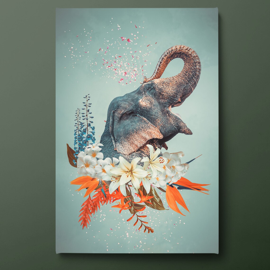 Elephant Spraying Petals Among Tropical Flowers Wildlife Art Poster