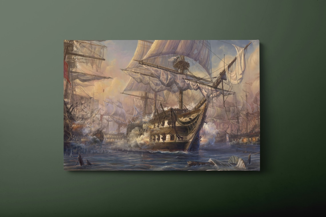 Tall Ships Naval Battle Golden Cannon Fire Historic Sea Art Poster