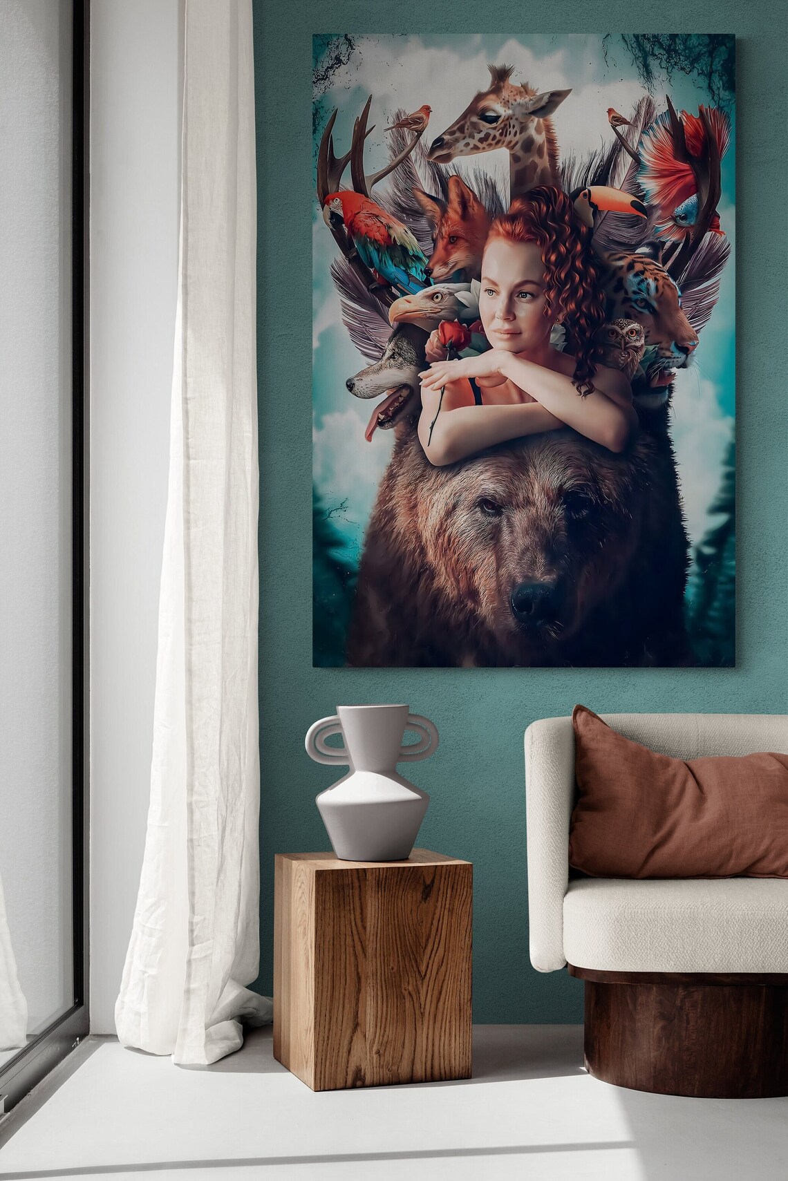 Woman With Fox Lion Giraffe Nature Wildlife Portrait Painting Wall Art - Image 3
