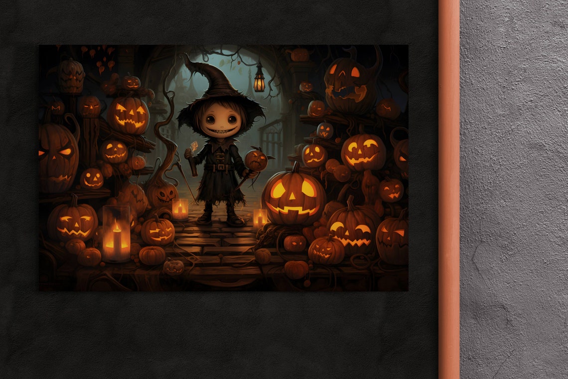 Cute Halloween Girl With Glowing Pumpkins Spooky Night Scene Wall Art - Image 2