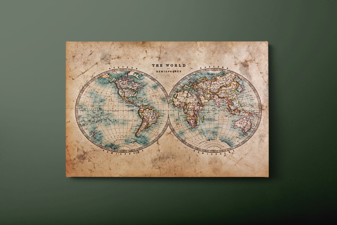 Vintage World Map Double Hemisphere Parchment Cartography Wall Poster