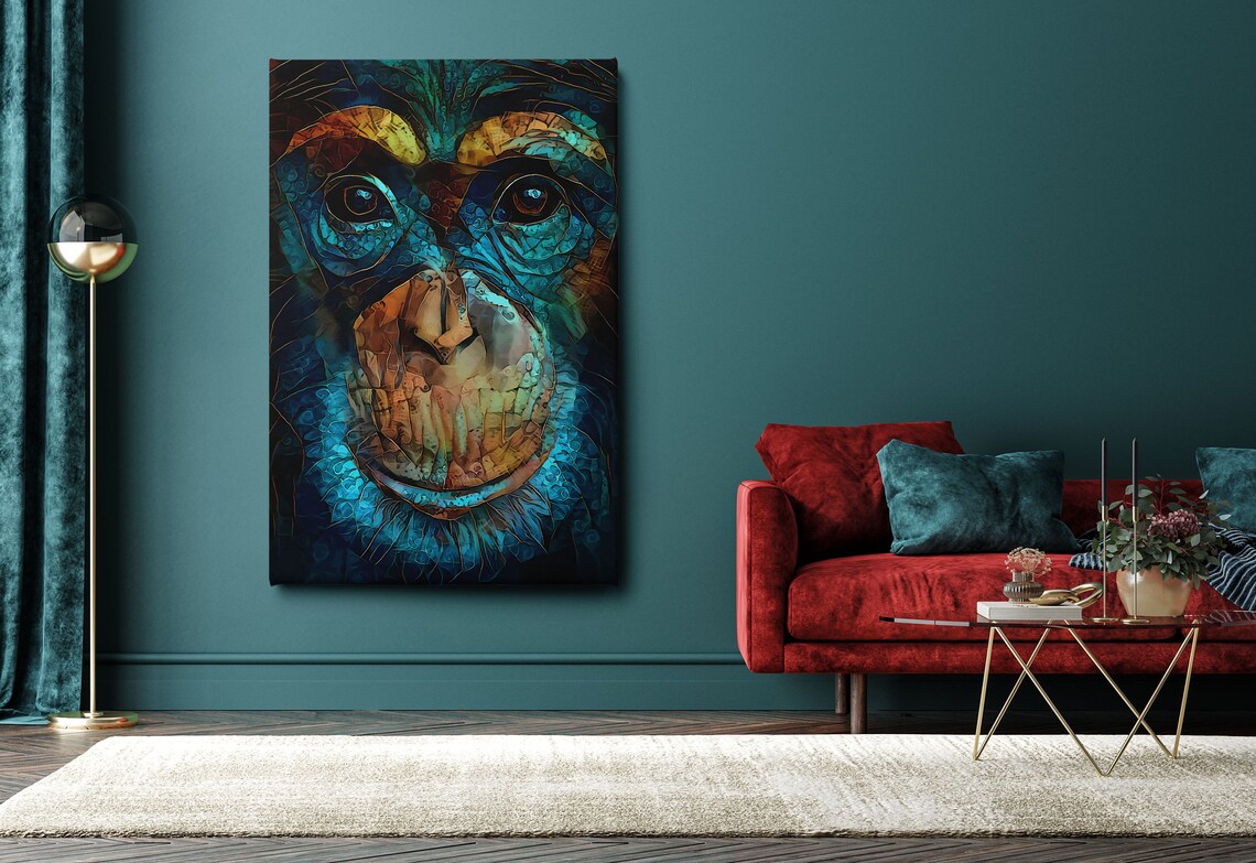 Blue Mosaic Monkey Face Stained Glass Animal Portrait Art Poster - Image 2