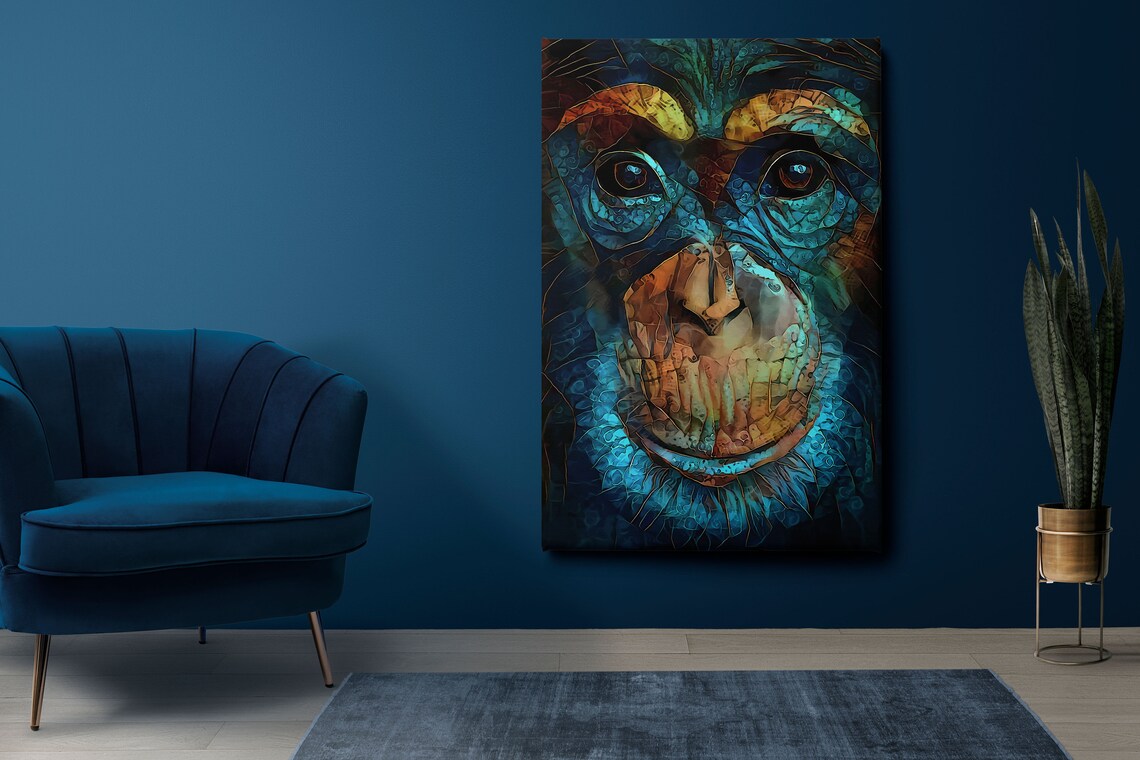 Blue Mosaic Monkey Face Stained Glass Animal Portrait Art Poster - Image 3