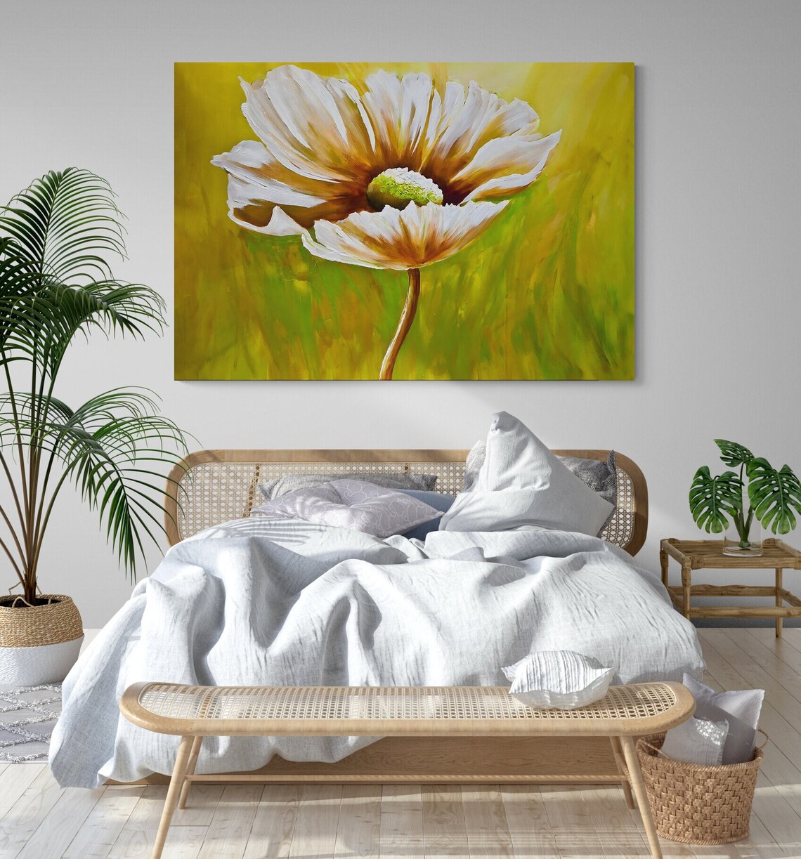 White Poppy Bloom Golden Meadow Painterly Floral Botanical Art Poster - Image 2