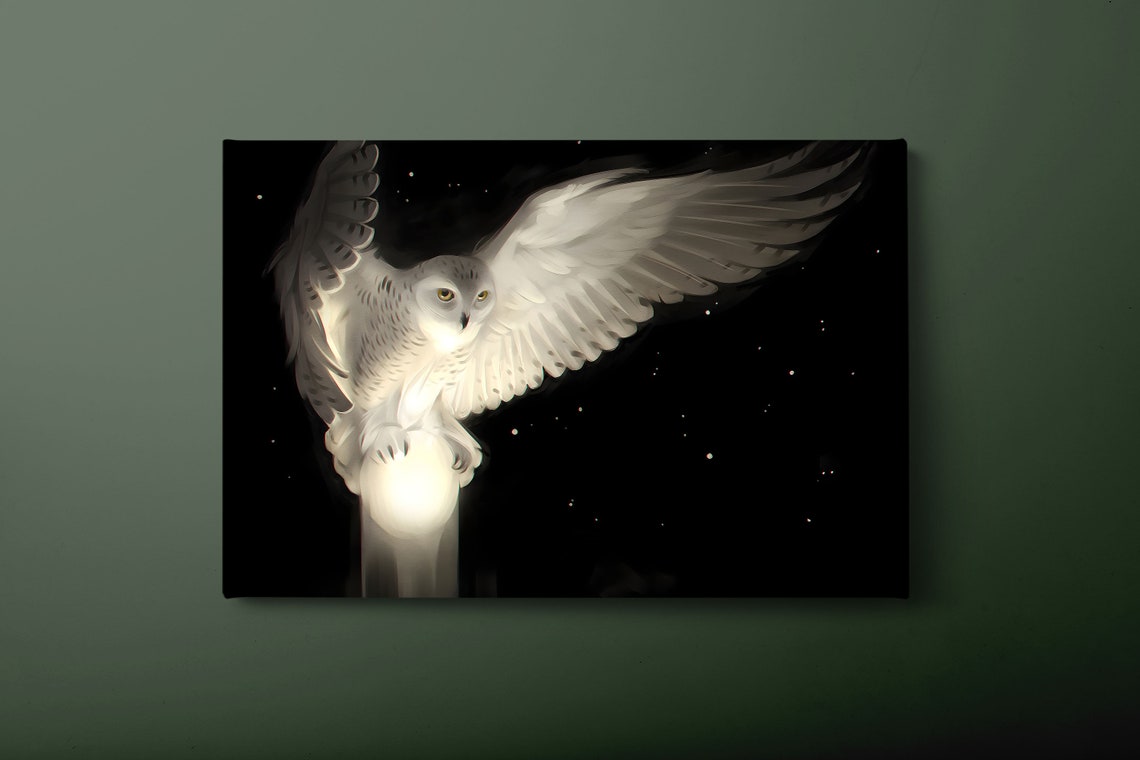 White Snowy Owl In Flight Wings Spread Against Starry Night Sky Art