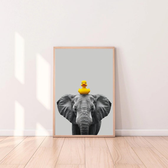 Elephant With Rubber Duck Print Funny Bathroom Wall Art