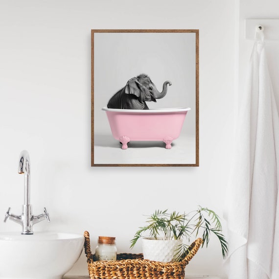 Elephant In Pink Bathtub Print Funny Bathroom Wall Art